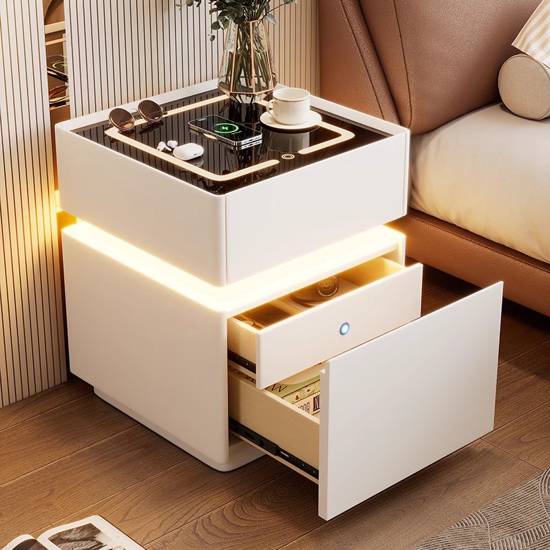 センサーライト付きインテリジェントベッドサイドテーブル 木製 - Solid Wood Nightstand 2 Drawers のレビューと価格