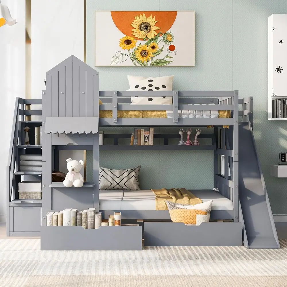 フルサイズのオーバーフル二段ベッド、階段、スライド、収納引き - Bunk Bed With Stairs And Slide のレビューと価格