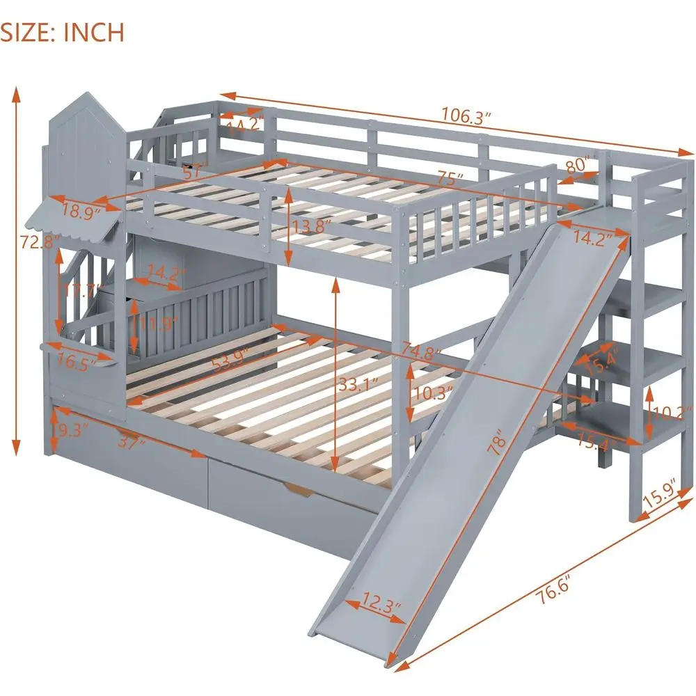 フルサイズのオーバーフル二段ベッド、階段、スライド、収納引き - Bunk Bed With Stairs And Slide のレビューと価格