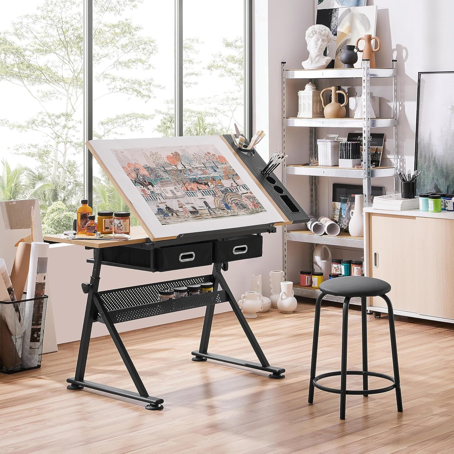 調整可能な製図台アートデスク（お揃いのスツール付き）、傾斜式 - Tables のレビューと価格