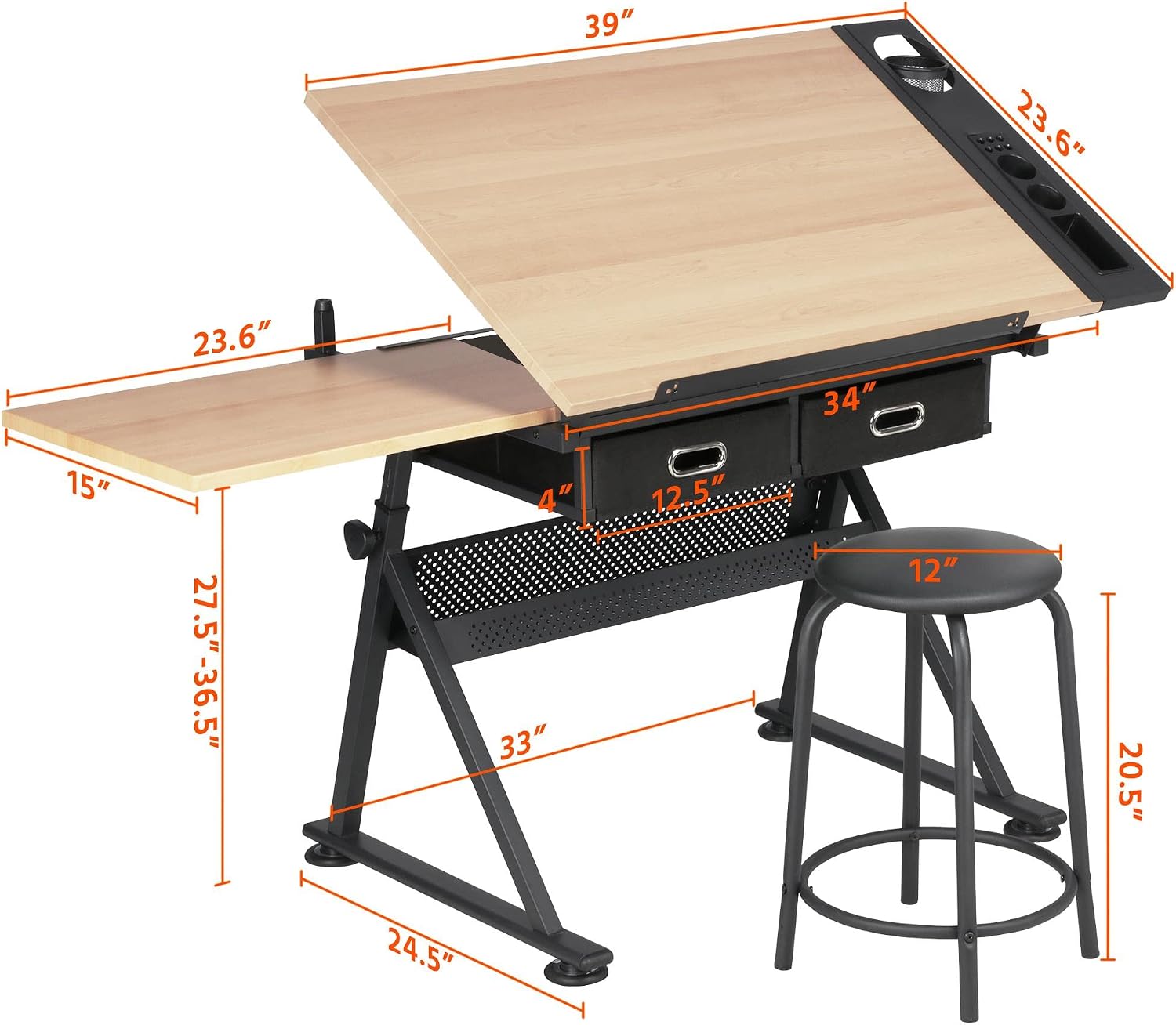 調整可能な製図台アートデスク（お揃いのスツール付き）、傾斜式 - Tables のレビューと価格
