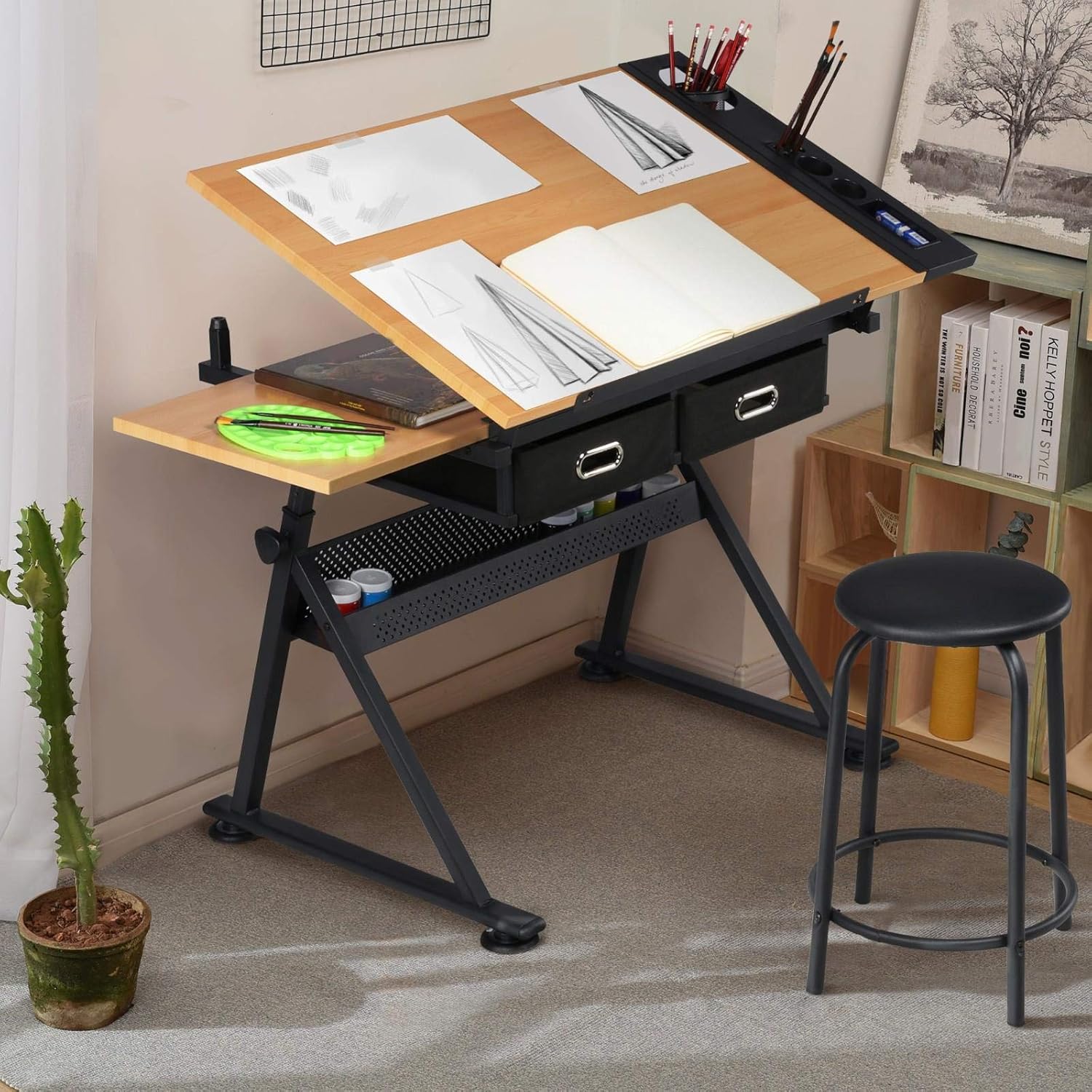 調整可能な製図台アートデスク（お揃いのスツール付き）、傾斜式 - Tables のレビューと価格