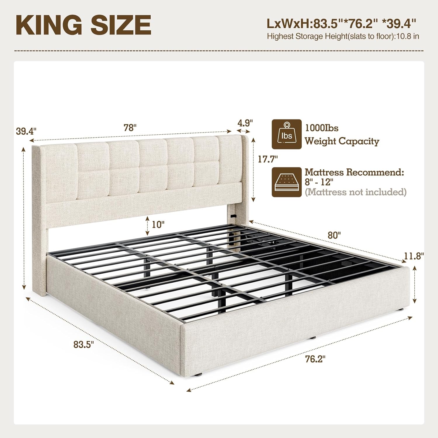 キングサイズベッドフレーム、油圧式ガスリフトアップ収納付き、 - Gas Lift Storage Bed Hydraulic のレビューと価格