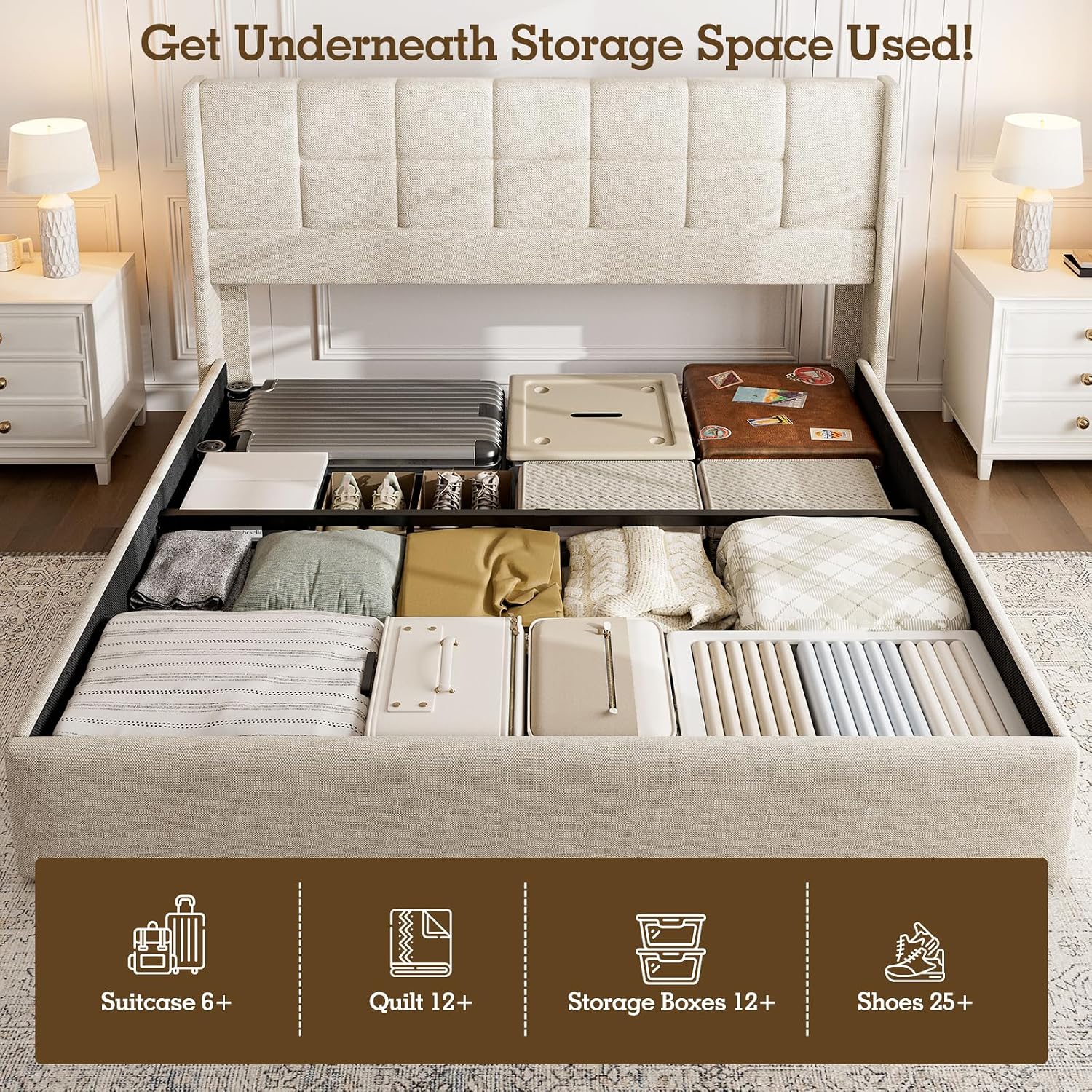 キングサイズベッドフレーム、油圧式ガスリフトアップ収納付き、 - Gas Lift Storage Bed Hydraulic のレビューと価格