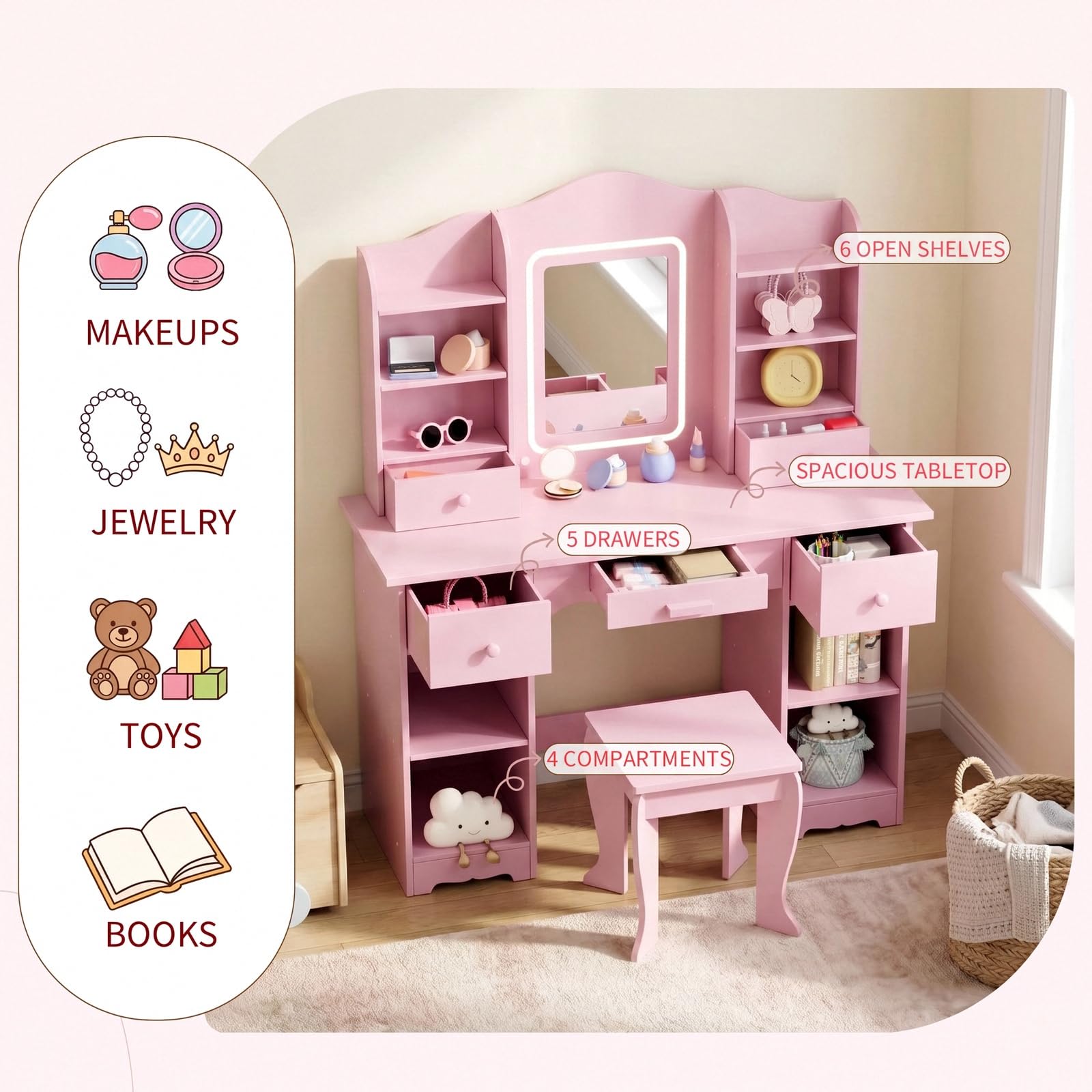 子供用バニティテーブル、3色ライト付き、大容量収納、鏡、スツ - Dressing Table Vanity With Lighted Mirror のレビューと価格