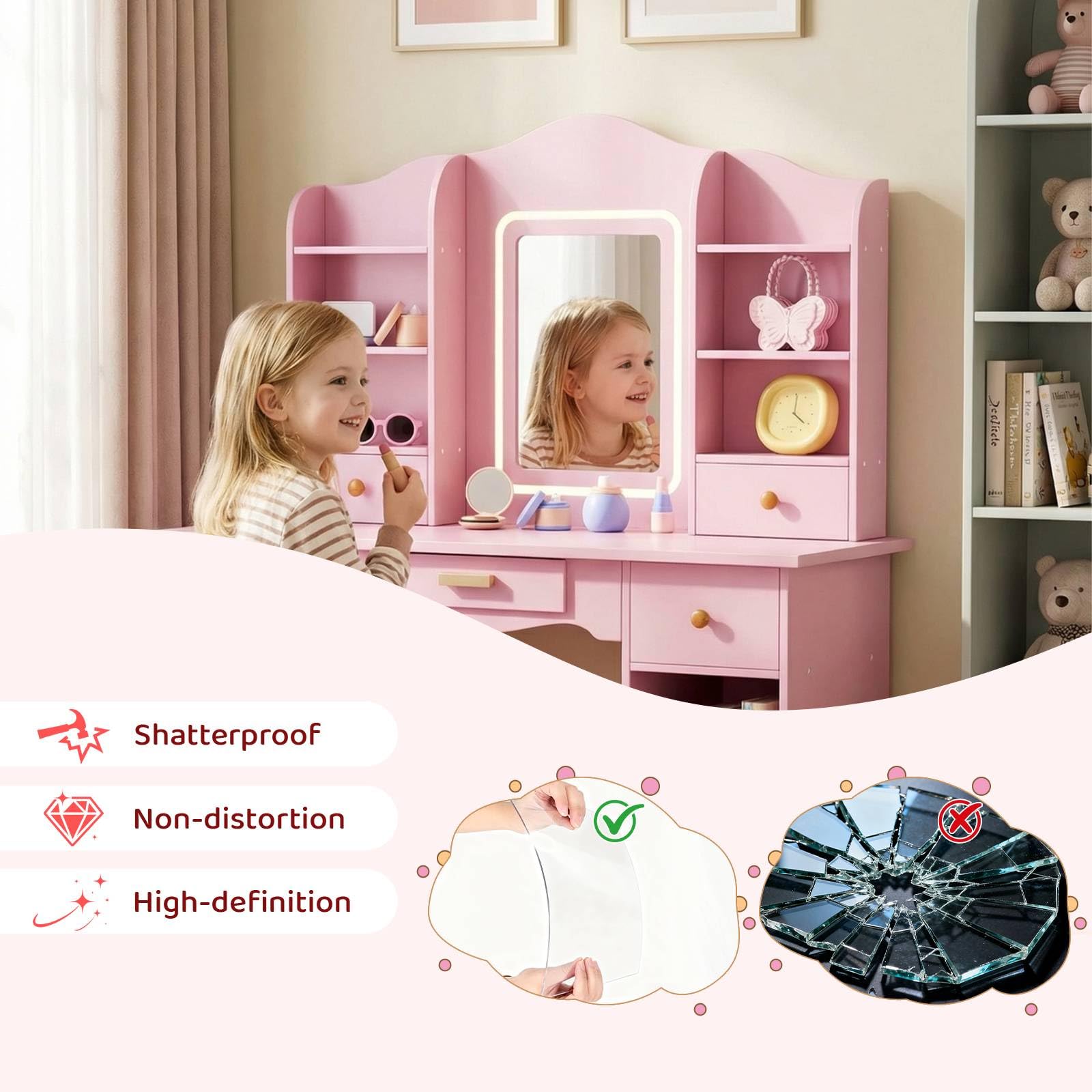 子供用バニティテーブル、3色ライト付き、大容量収納、鏡、スツ - Dressing Table Vanity With Lighted Mirror のレビューと価格