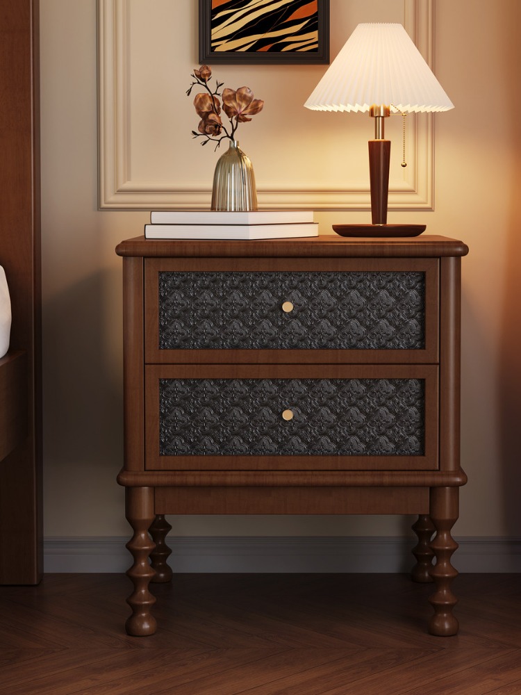 ヴィンテージナイトスタンドプリントガラス無垢材家具ホームリビ - Solid Wood Nightstand 2 Drawers のレビューと価格