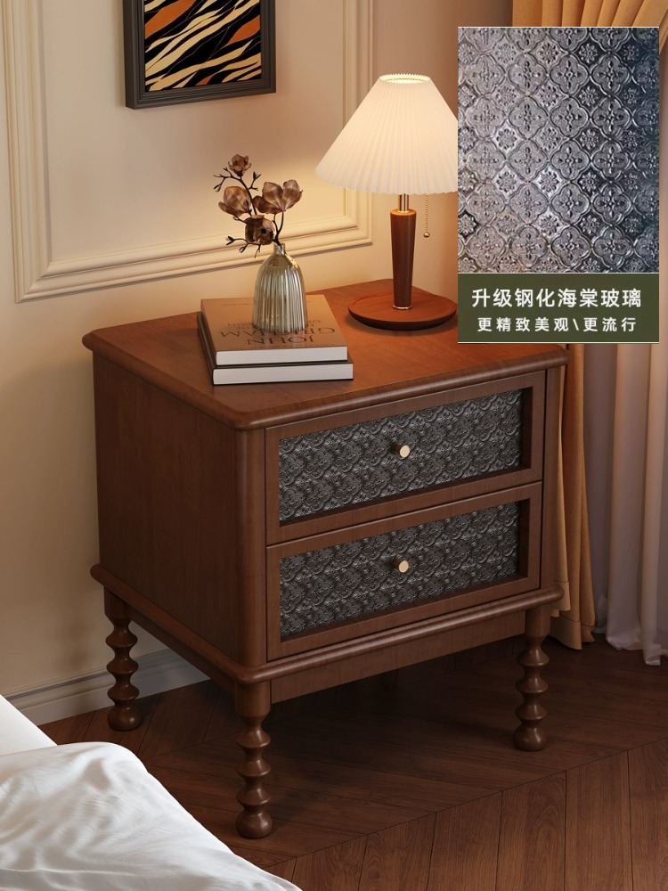 ヴィンテージナイトスタンドプリントガラス無垢材家具ホームリビ - Solid Wood Nightstand 2 Drawers のレビューと価格