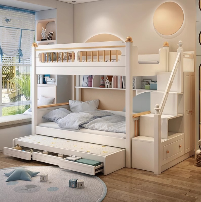 子供部屋家具 無垢材 男の子用二段ベッド スライドと階段付き - Bunk Bed With Stairs And Slide のレビューと価格