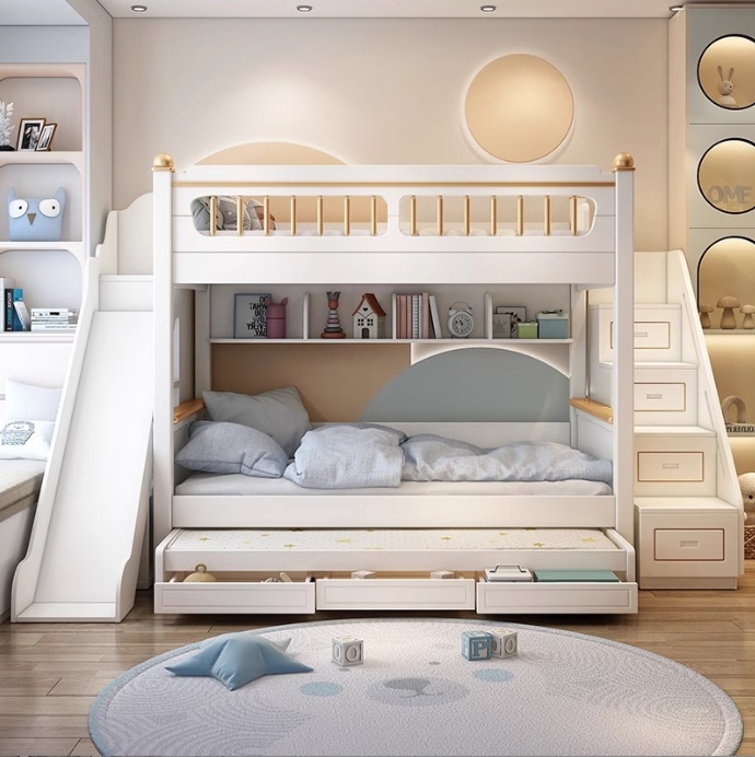 子供部屋家具 無垢材 男の子用二段ベッド スライドと階段付き - Bunk Bed With Stairs And Slide のレビューと価格