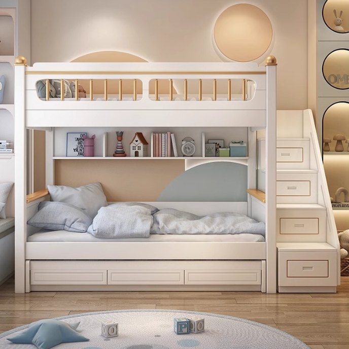 子供部屋家具 無垢材 男の子用二段ベッド スライドと階段付き - Bunk Bed With Stairs And Slide のレビューと価格