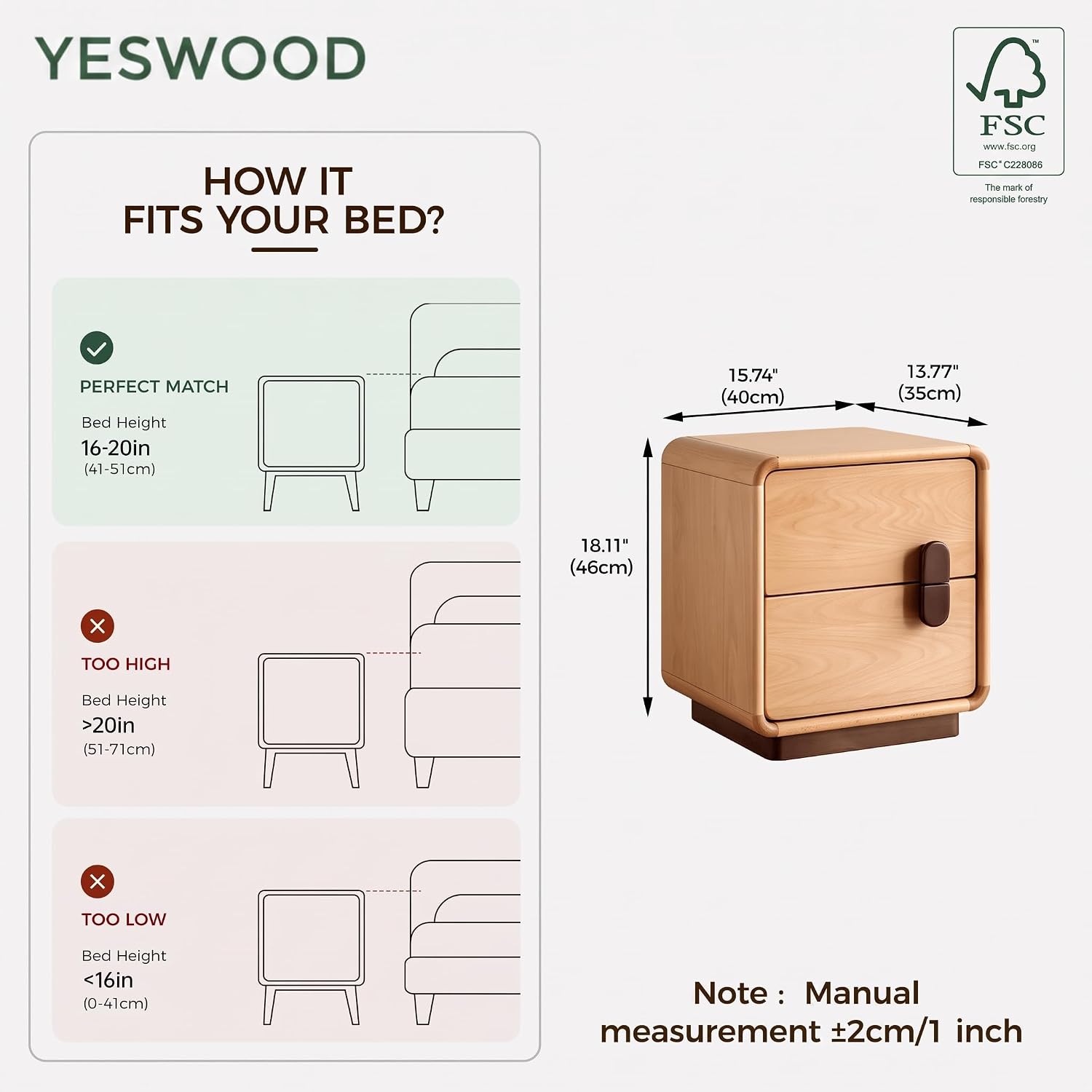 無垢材を使用した2段引き出しのナイトテーブル。丸みを帯びた角 - Solid Wood Nightstand 2 Drawers のレビューと価格