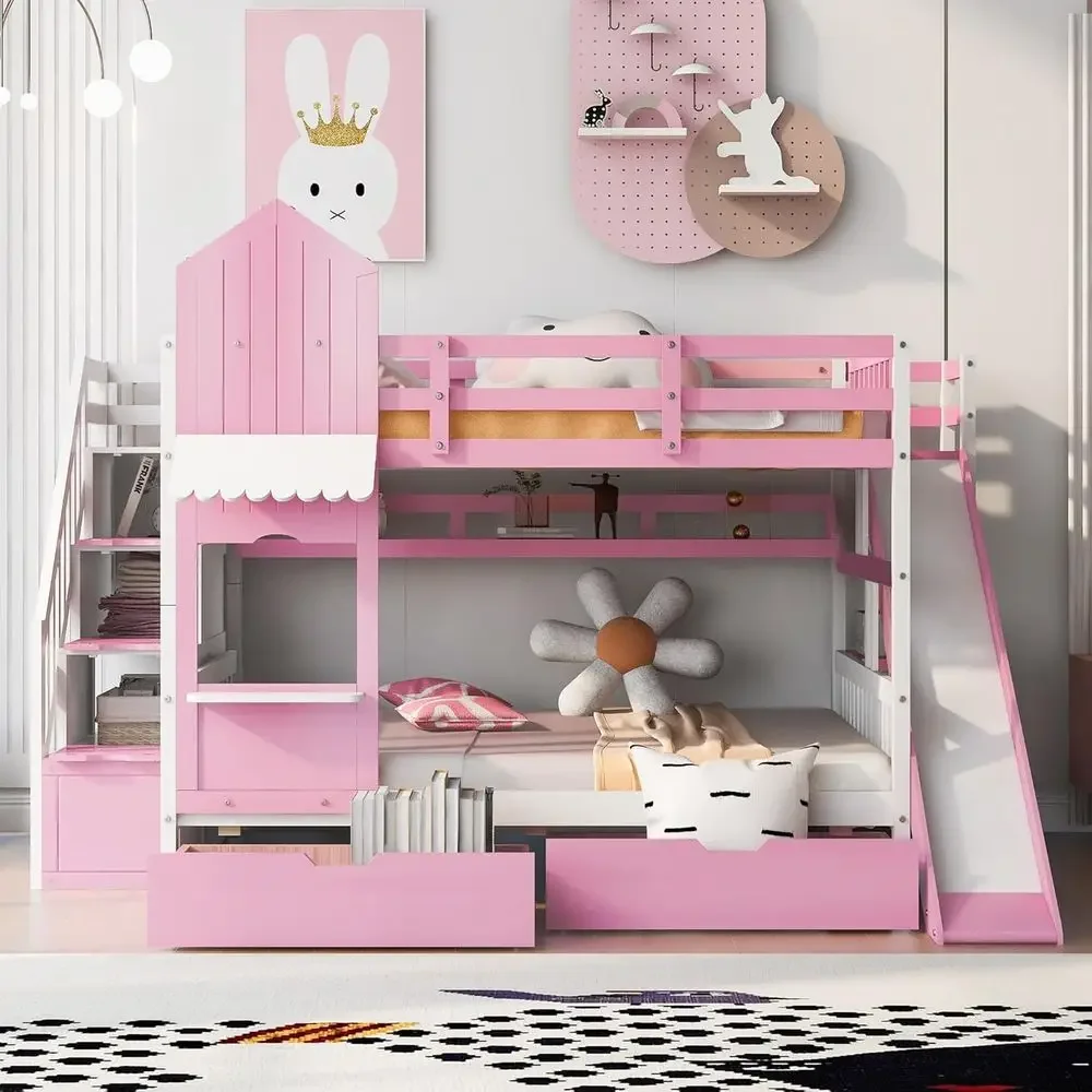 子供用二段ベッド 階段・滑り台・収納引き出し付き 城型 女の - Bunk Bed With Stairs And Slide のレビューと価格