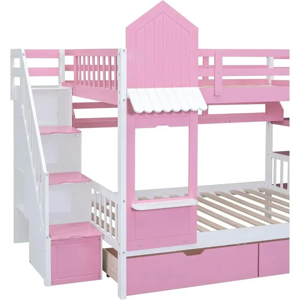 子供用二段ベッド 階段・滑り台・収納引き出し付き 城型 女の - Bunk Bed With Stairs And Slide のレビューと価格