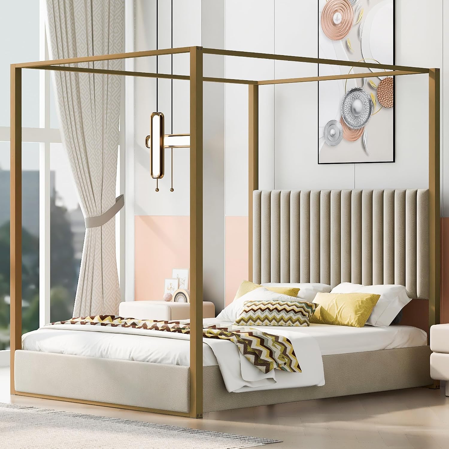 モダンな4本柱のキャノピーベッド、クイーンサイズ、張り地仕上 - Canopy Bed Frame Metal Queen のレビューと価格