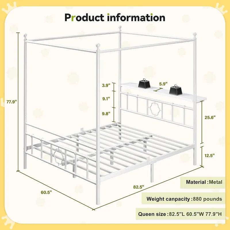 収納付きのヘッドボードを備えた、白い金属製のクイーンサイズの - Canopy Bed Frame Metal Queen のレビューと価格