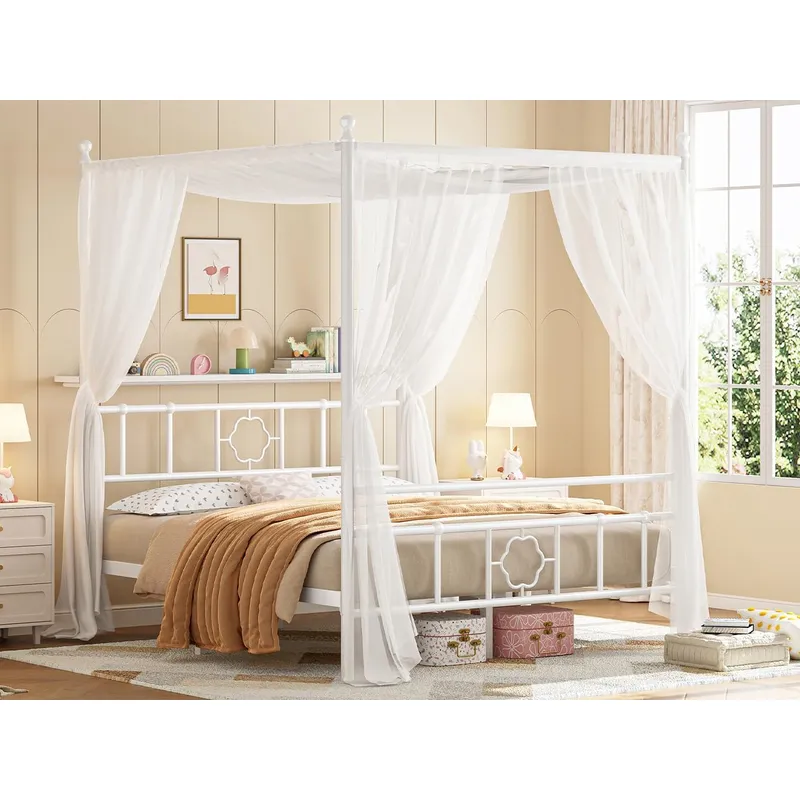 収納付きのヘッドボードを備えた、白い金属製のクイーンサイズの - Canopy Bed Frame Metal Queen のレビューと価格