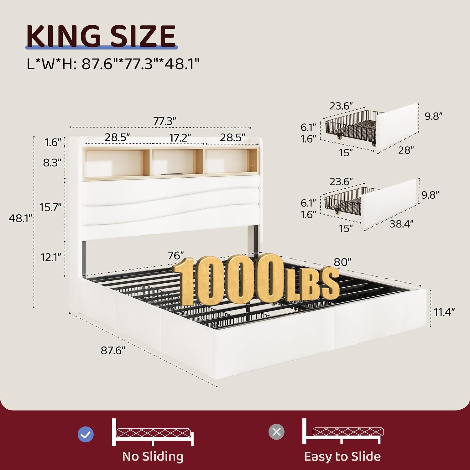 キングサイズベッドフレーム（6つの収納引き出し付き）、リネン - King Size Bed Frame With Storage Drawers のレビューと価格