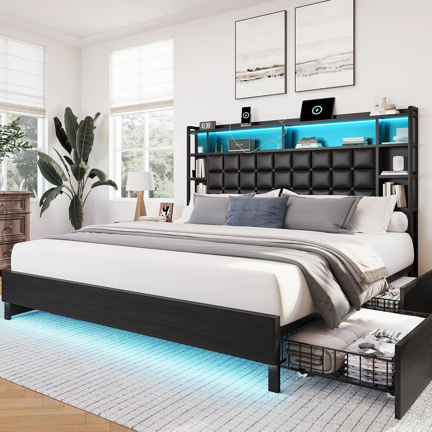 キングサイズ木製ベッドフレーム、収納引き出しとLEDヘッドボ - King Size Bed Frame With Storage Drawers のレビューと価格