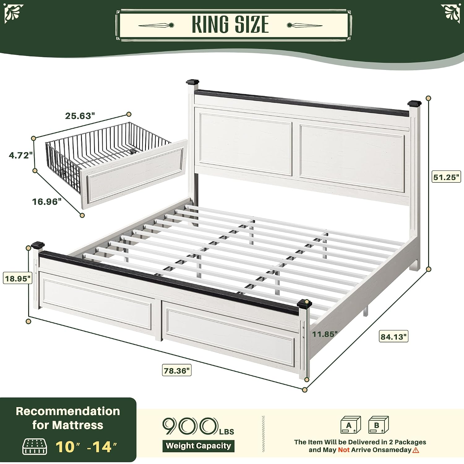 キングサイズベッドフレーム、高さ51インチのヘッドボードと2 - King Size Bed Frame With Storage Drawers のレビューと価格