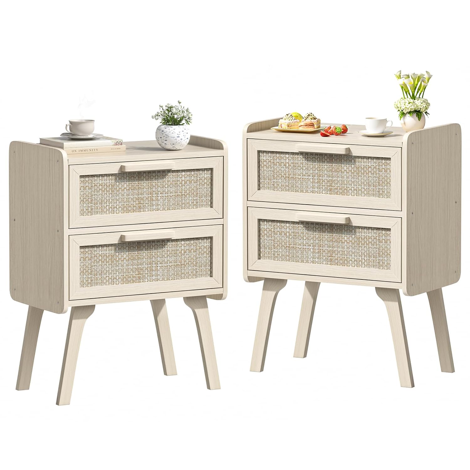 ラタン製ナイトスタンド2個セット、2つの引き出し付きベッドサ - Solid Wood Nightstand 2 Drawers のレビューと価格