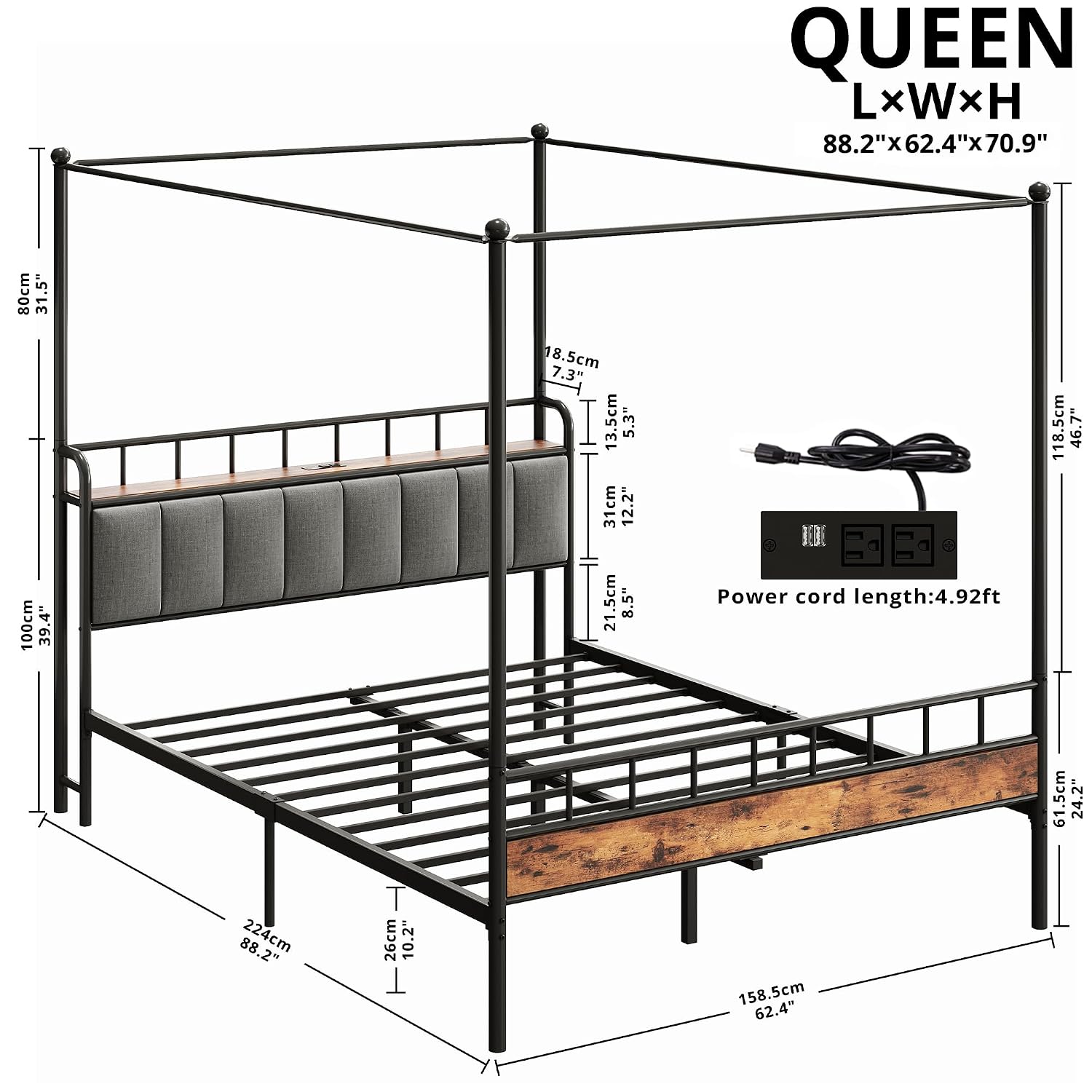 クイーンサイズのキャノピーベッドフレーム、収納付きヘッドボー - Canopy Bed Frame Metal Queen のレビューと価格