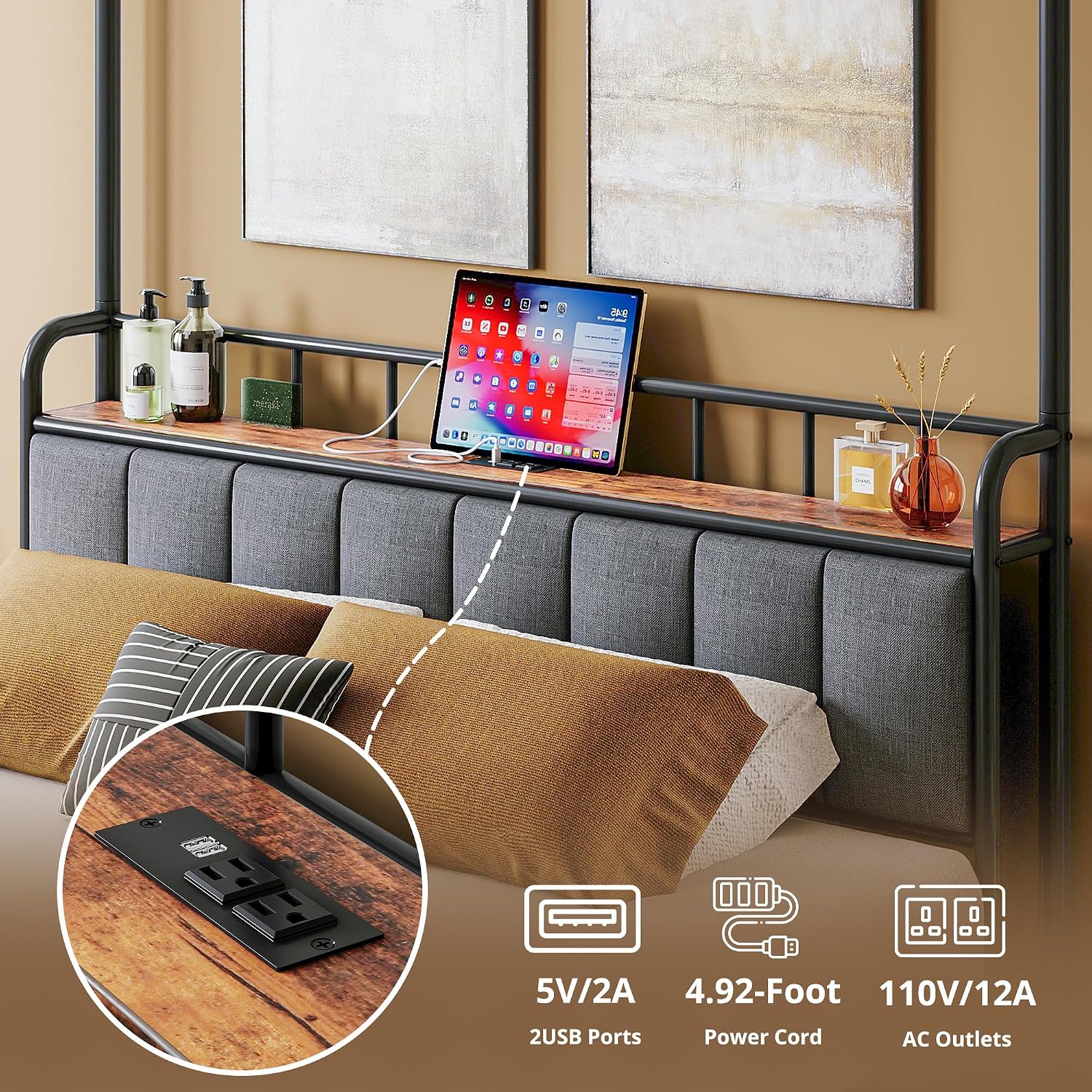 クイーンサイズのキャノピーベッドフレーム、収納付きヘッドボー - Canopy Bed Frame Metal Queen のレビューと価格