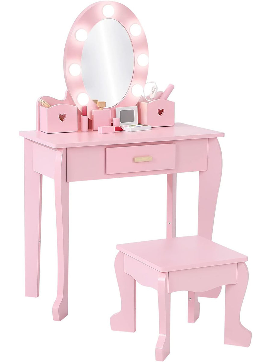 子供用ドレッシングテーブルとスツールセット（ライト＆ミラー付 - Dressing Table Vanity With Lighted Mirror のレビューと価格