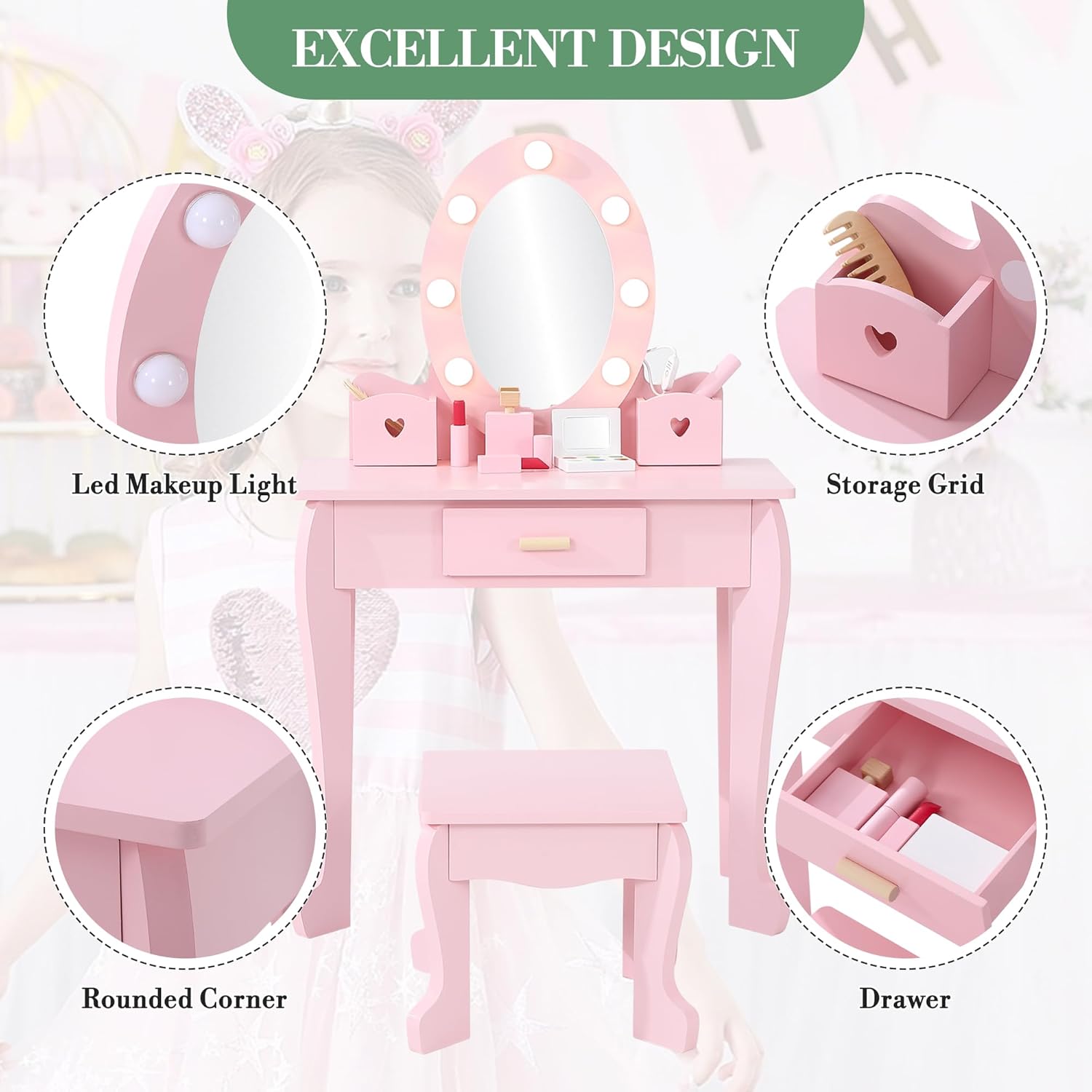 子供用ドレッシングテーブルとスツールセット（ライト＆ミラー付 - Dressing Table Vanity With Lighted Mirror のレビューと価格