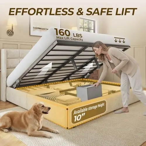 キングサイズのリフトアップ収納ベッドフレーム、ウィングバック - Gas Lift Storage Bed Hydraulic のレビューと価格