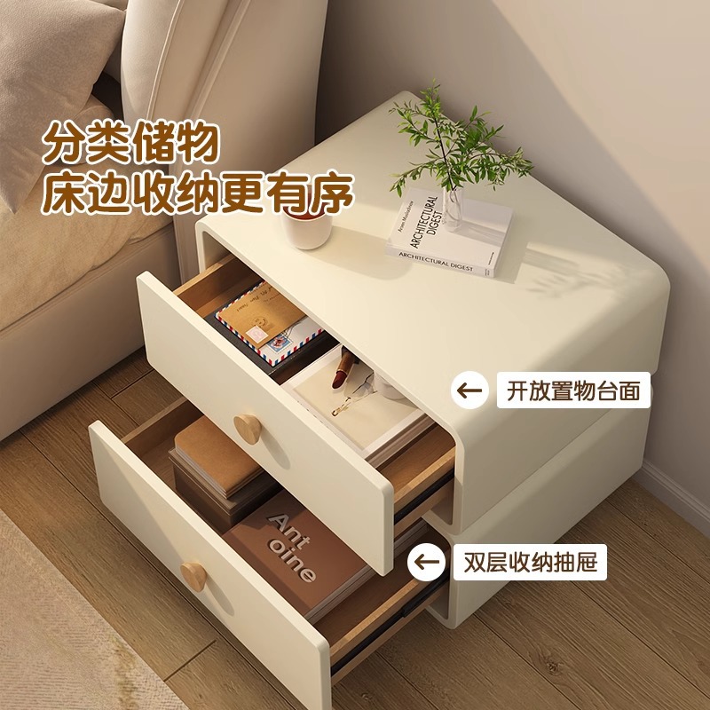 ミニマリストクリームベッドサイドキャビネット丸みを帯びたエッ - Solid Wood Nightstand 2 Drawers のレビューと価格
