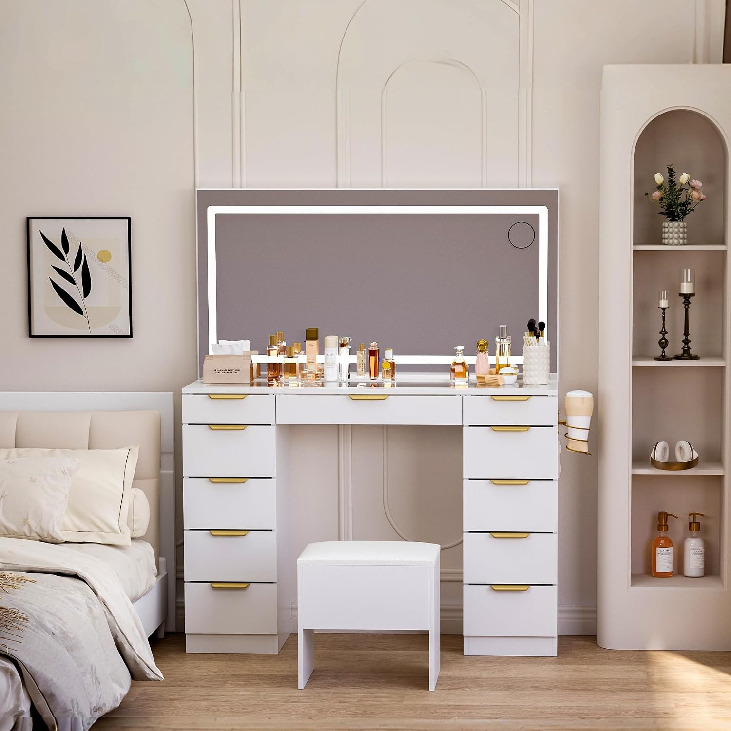 ガラス天板付き化粧台（鏡とライト付き）、11個の引き出し付き - Dressing Table Vanity With Lighted Mirror のレビューと価格