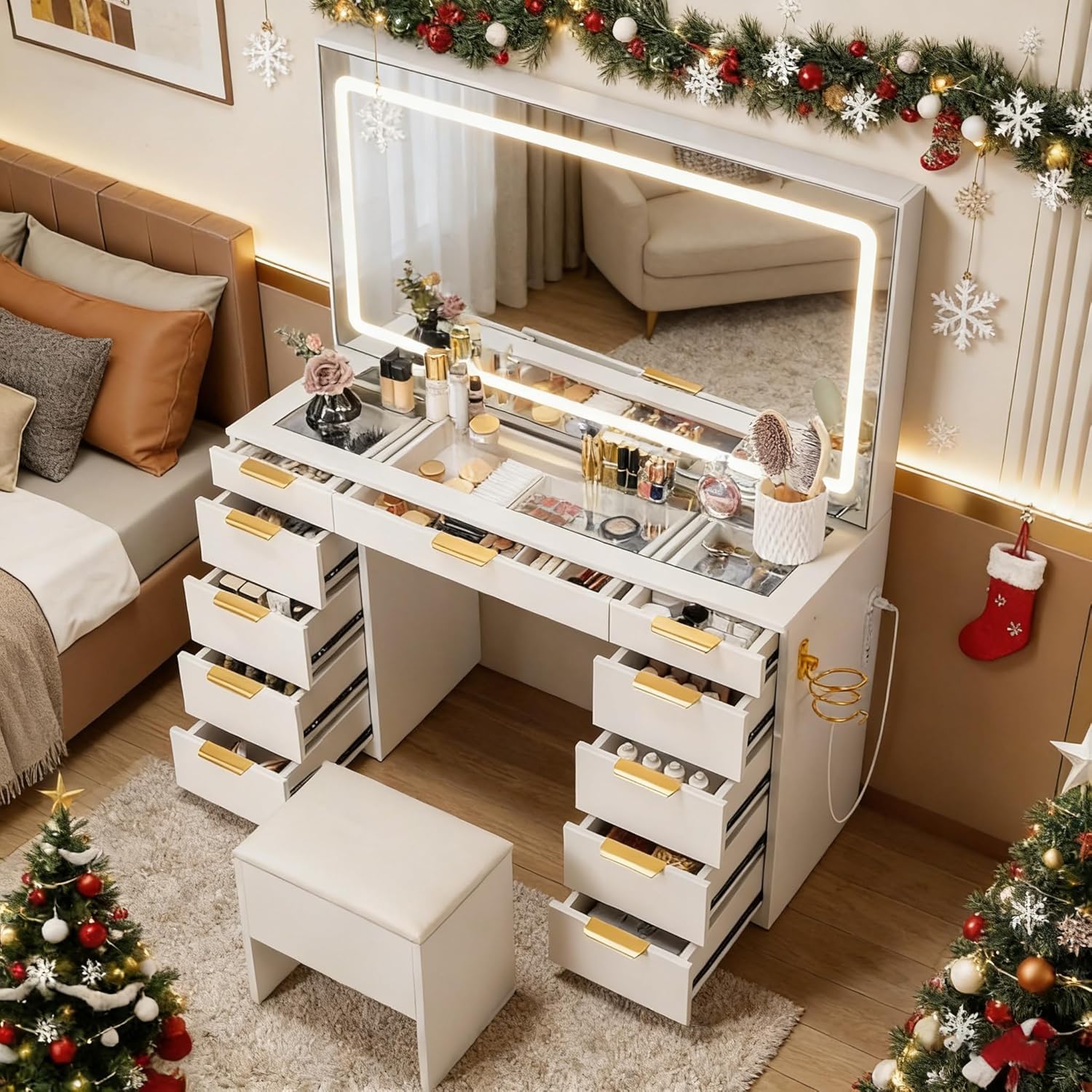 ガラス天板付き化粧台（鏡とライト付き）、11個の引き出し付き - Dressing Table Vanity With Lighted Mirror のレビューと価格