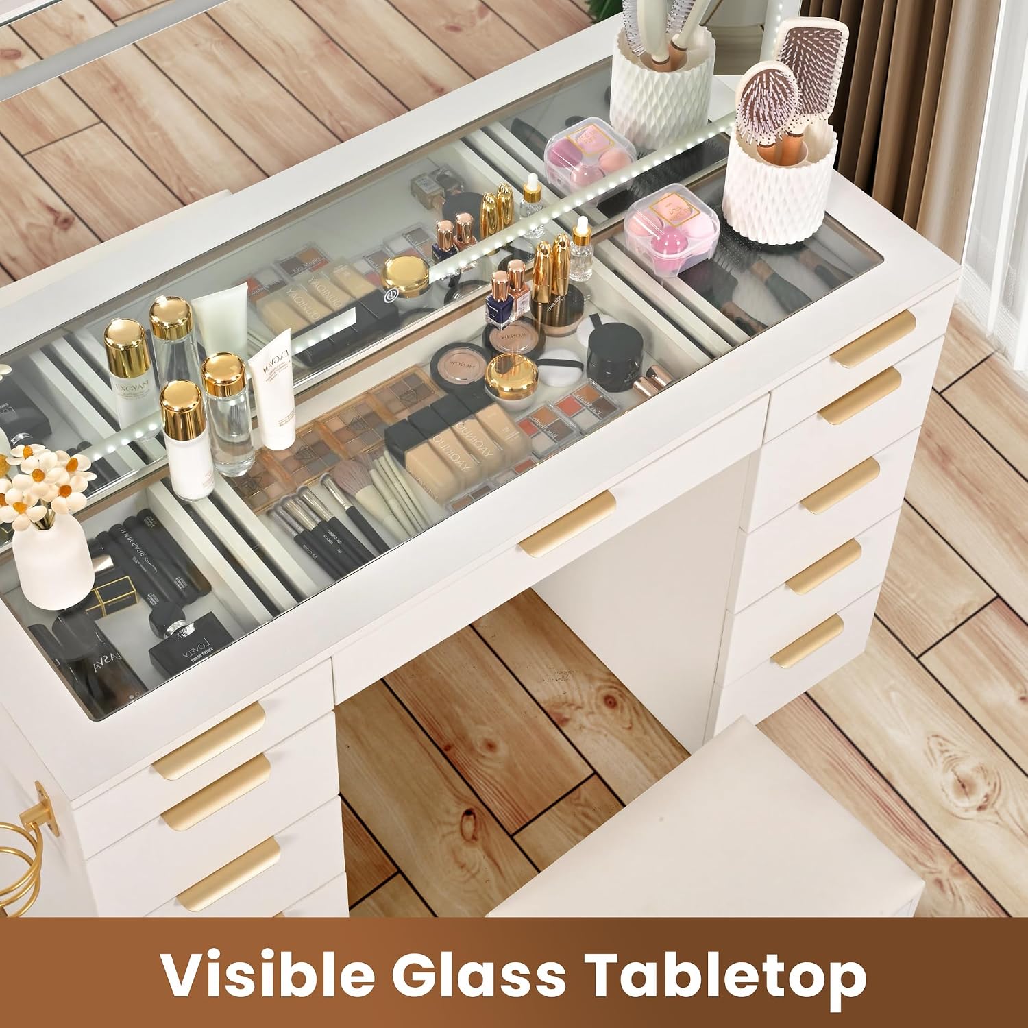 ガラス天板付き化粧台（鏡とライト付き）、11個の引き出し付き - Dressing Table Vanity With Lighted Mirror のレビューと価格
