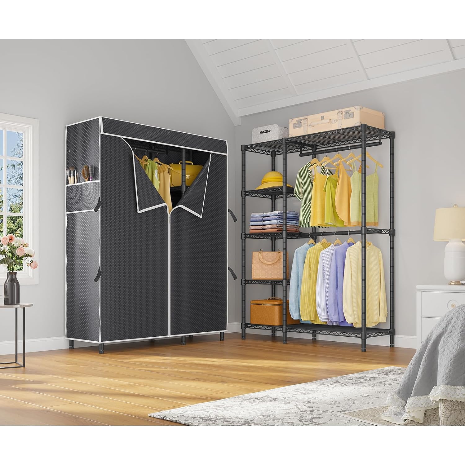 ポータブルクローゼットワードローブ、頑丈な衣類ハンガーラック - Wardrobe Closet Portable Fabric Cover のレビューと価格