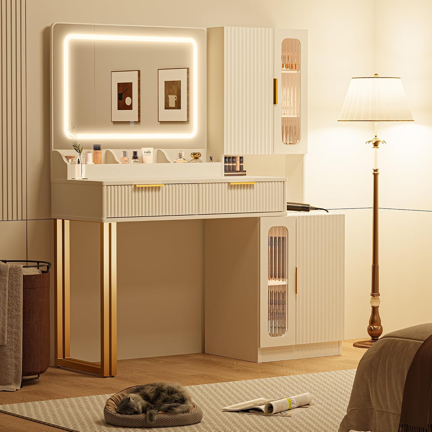 42インチ バニティデスクミラーライト、5段棚2段引き出しキ - Dressing Table Vanity With Lighted Mirror のレビューと価格