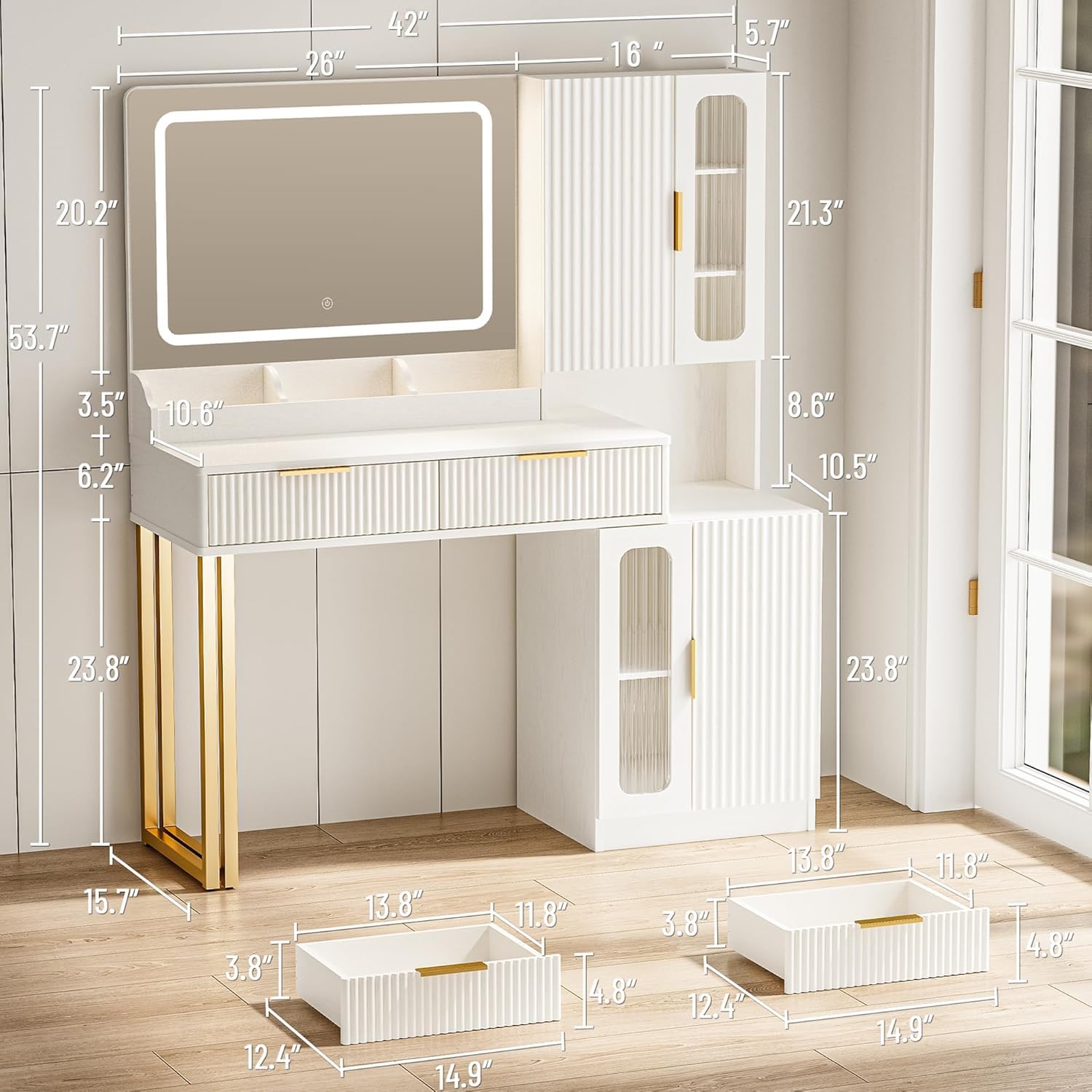 42インチ バニティデスクミラーライト、5段棚2段引き出しキ - Dressing Table Vanity With Lighted Mirror のレビューと価格