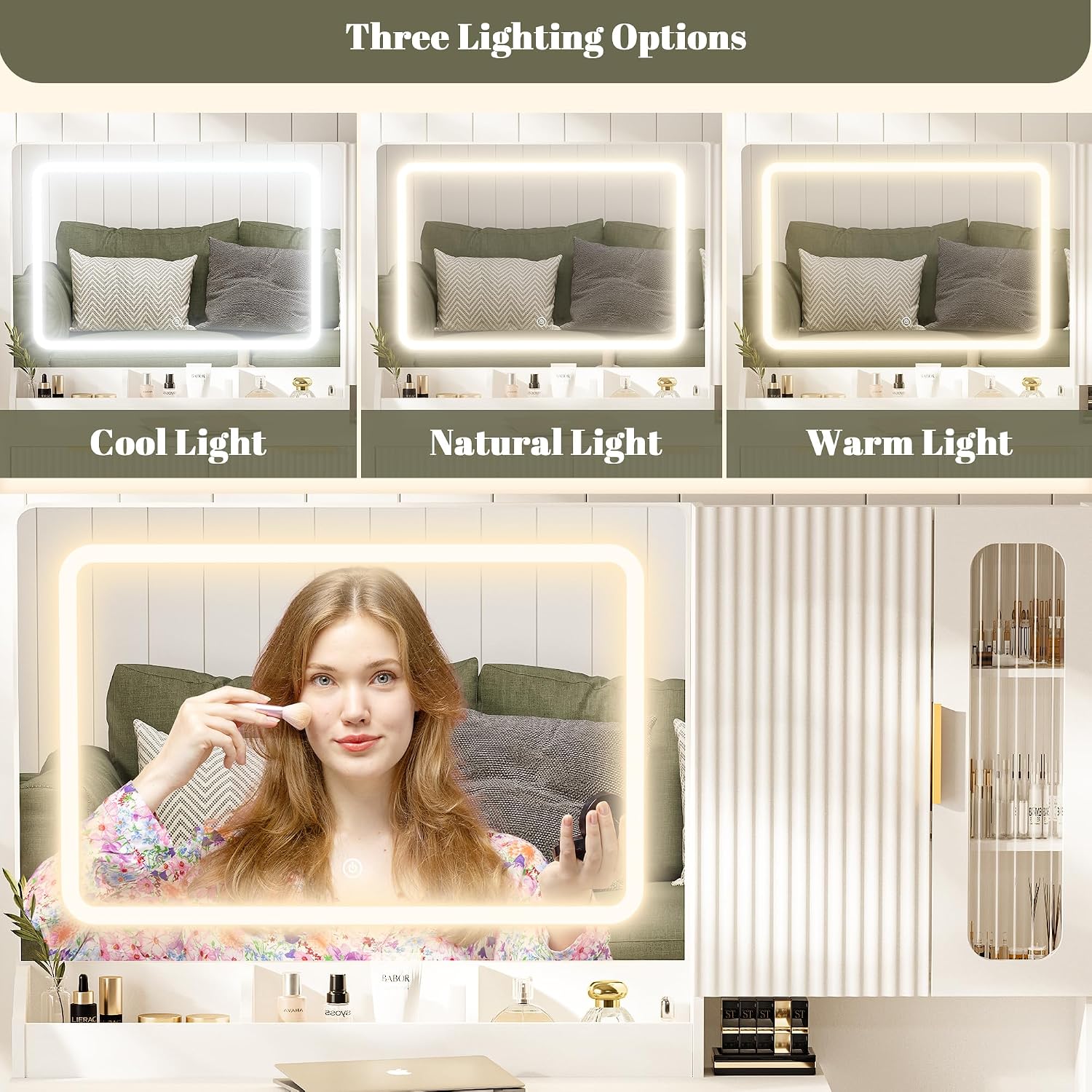 42インチ バニティデスクミラーライト、5段棚2段引き出しキ - Dressing Table Vanity With Lighted Mirror のレビューと価格