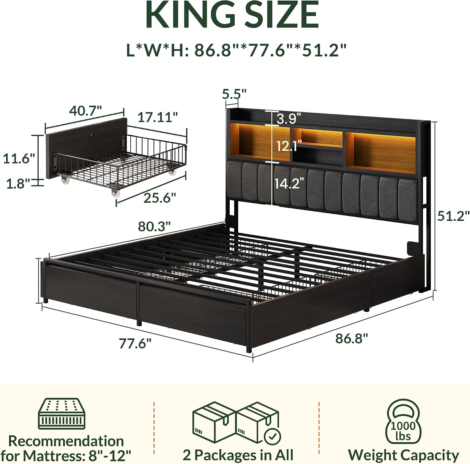キングサイズベッドフレーム、6つの収納引き出し付き、リネン張 - King Size Bed Frame With Storage Drawers のレビューと価格