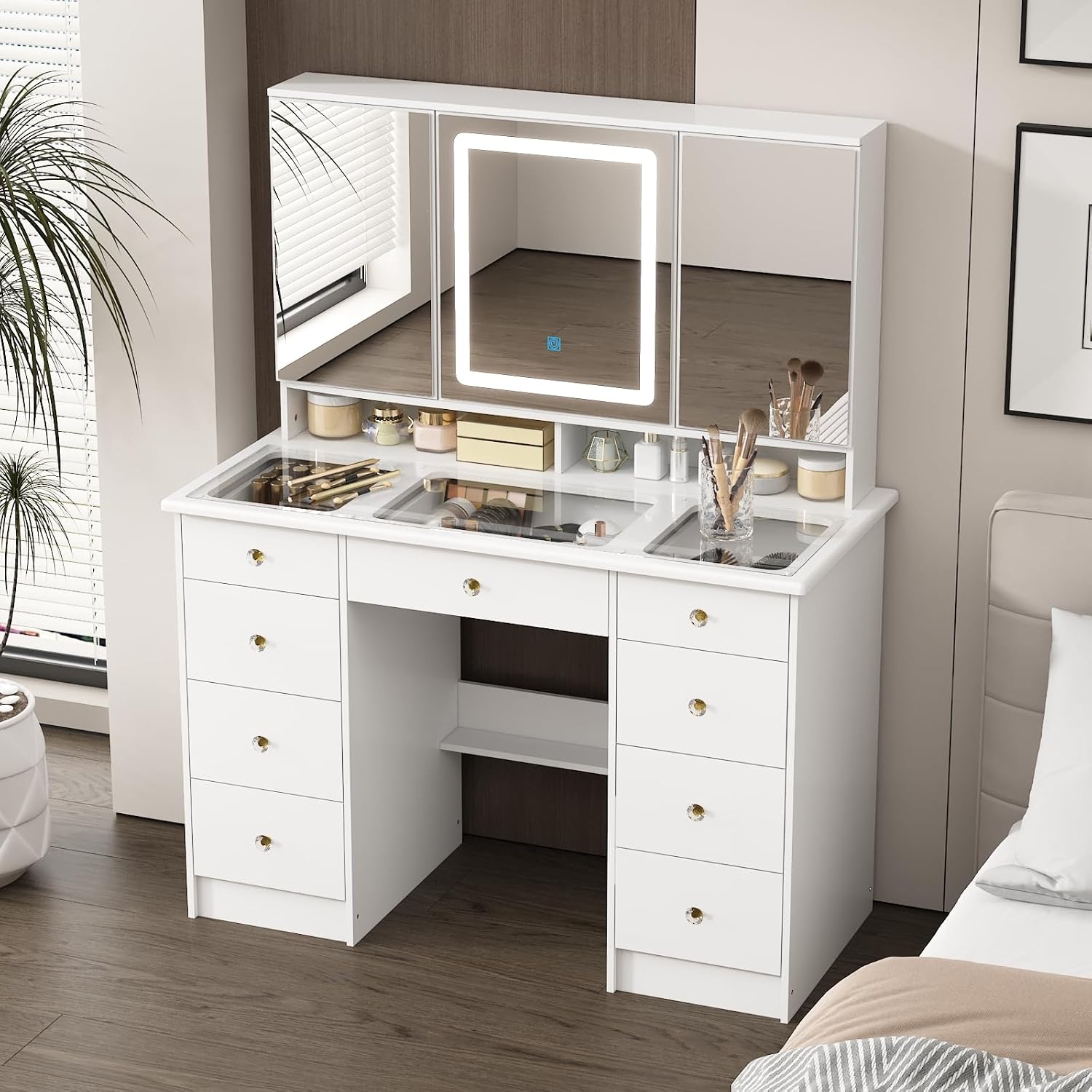 鏡とライト付きの化粧台、大きなガラス天板の化粧台 |   9 - Dressing Table Vanity With Lighted Mirror のレビューと価格