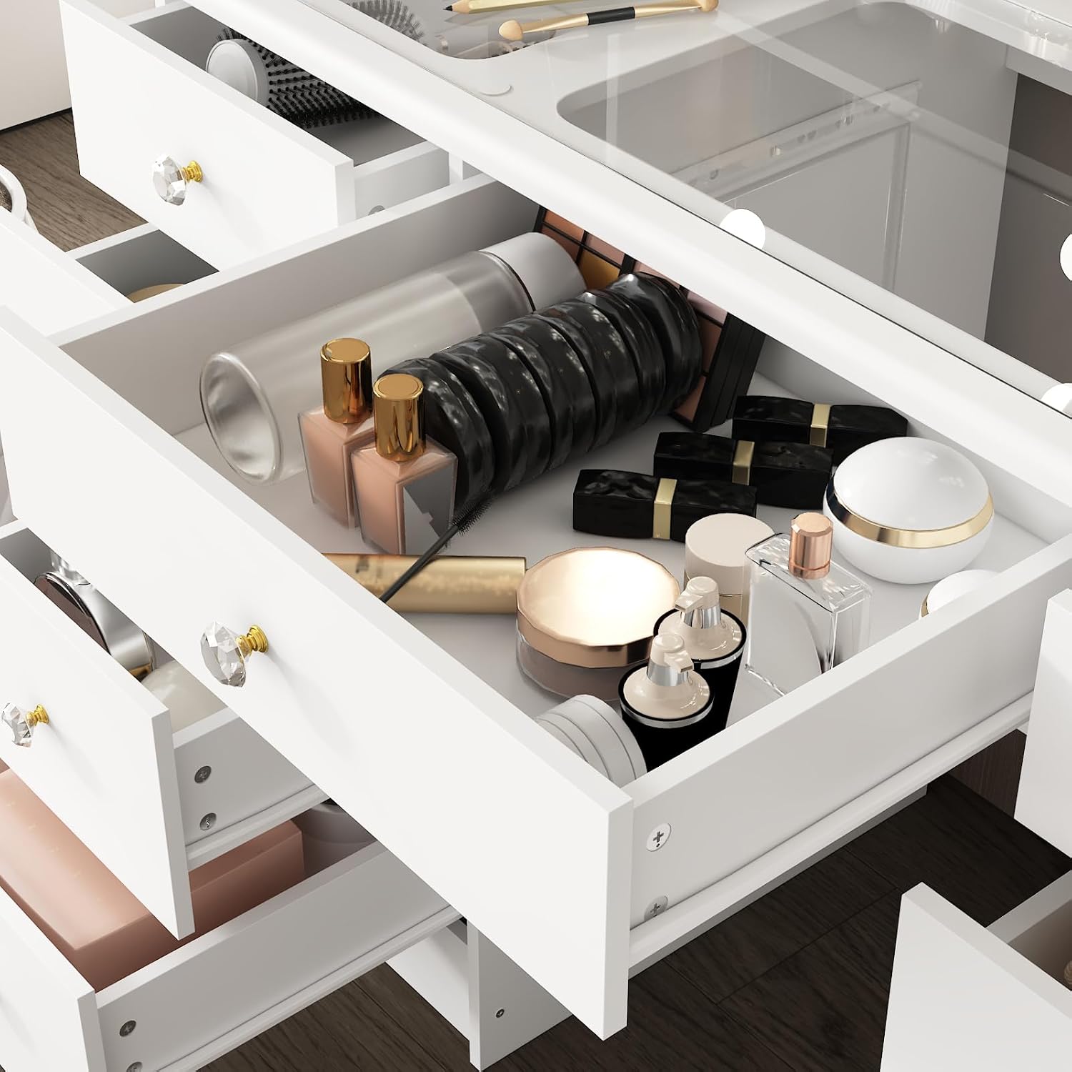 鏡とライト付きの化粧台、大きなガラス天板の化粧台 |   9 - Dressing Table Vanity With Lighted Mirror のレビューと価格