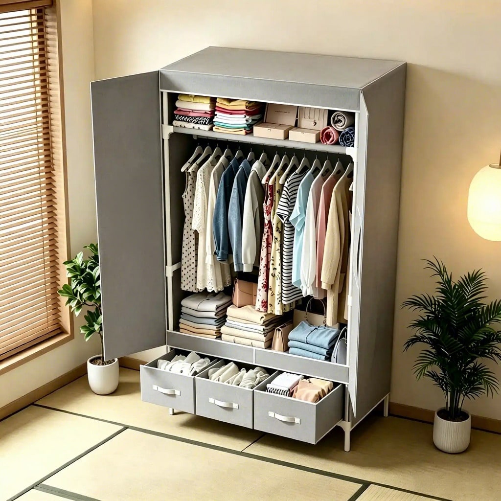 ポータブルクローゼットワードローブ、57.48インチの衣類オ - Wardrobe Closet Portable Fabric Cover のレビューと価格