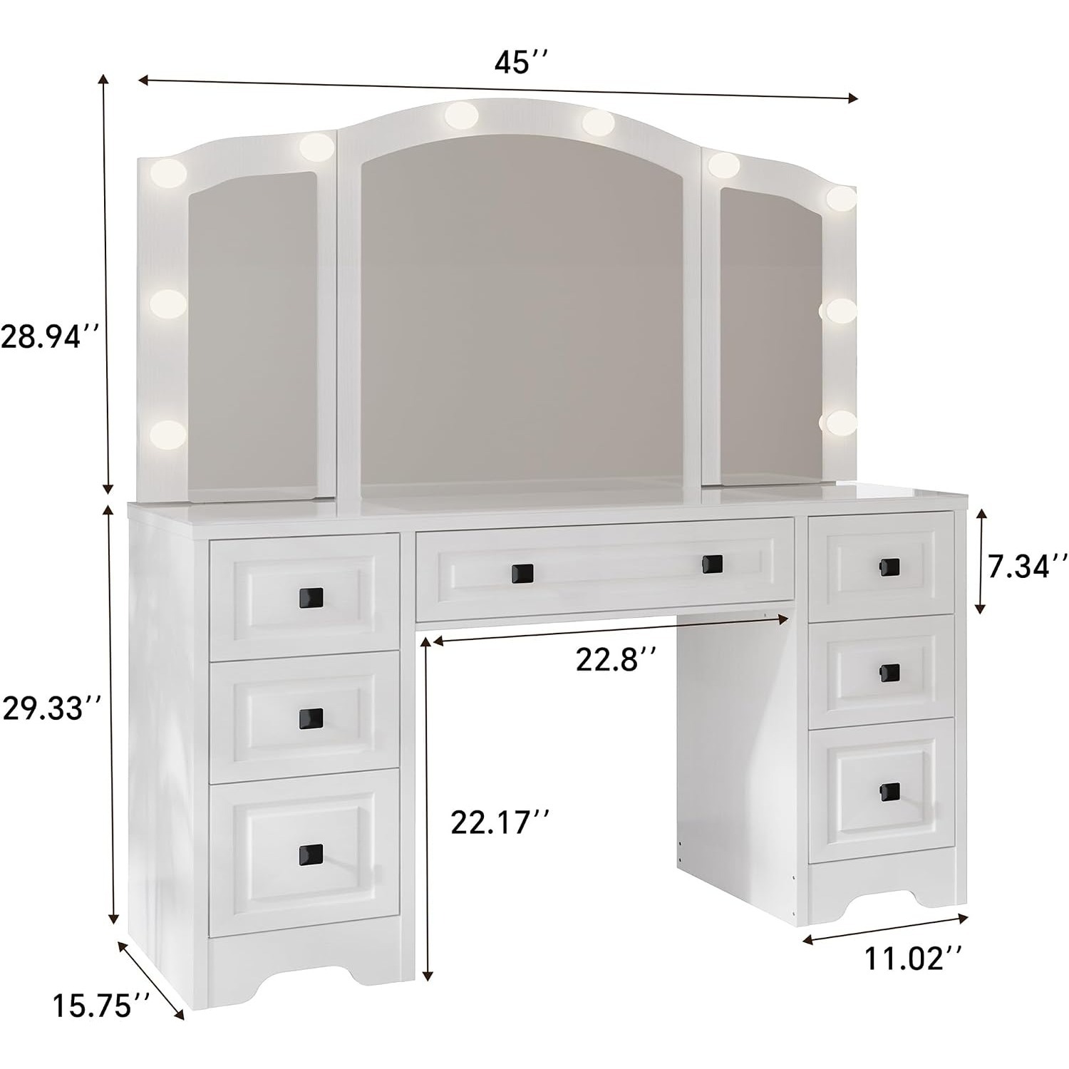 ライト付き化粧台、三面鏡、5つの引き出し、コンセント付き | - Dressing Table Vanity With Lighted Mirror のレビューと価格