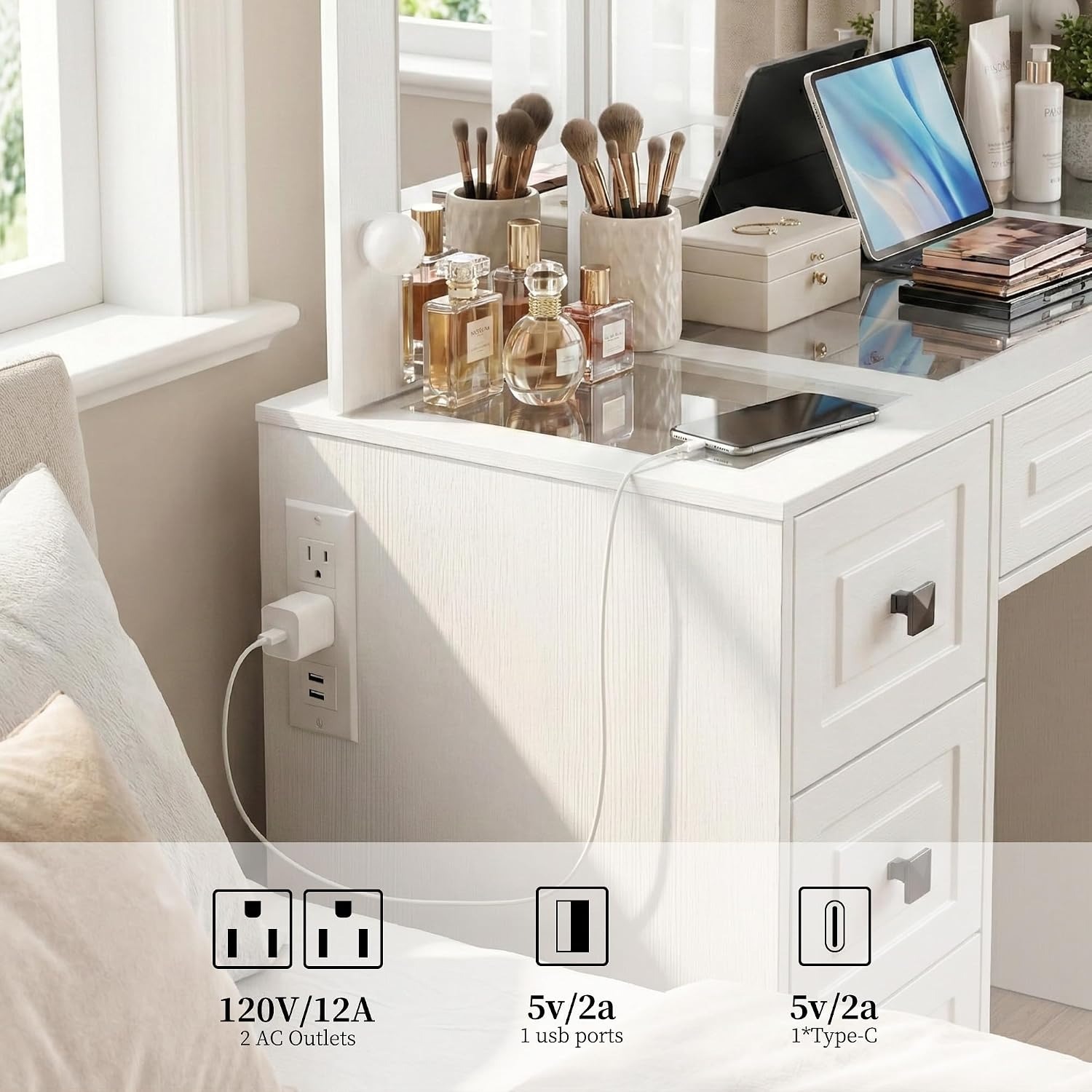ライト付き化粧台、三面鏡、5つの引き出し、コンセント付き | - Dressing Table Vanity With Lighted Mirror のレビューと価格