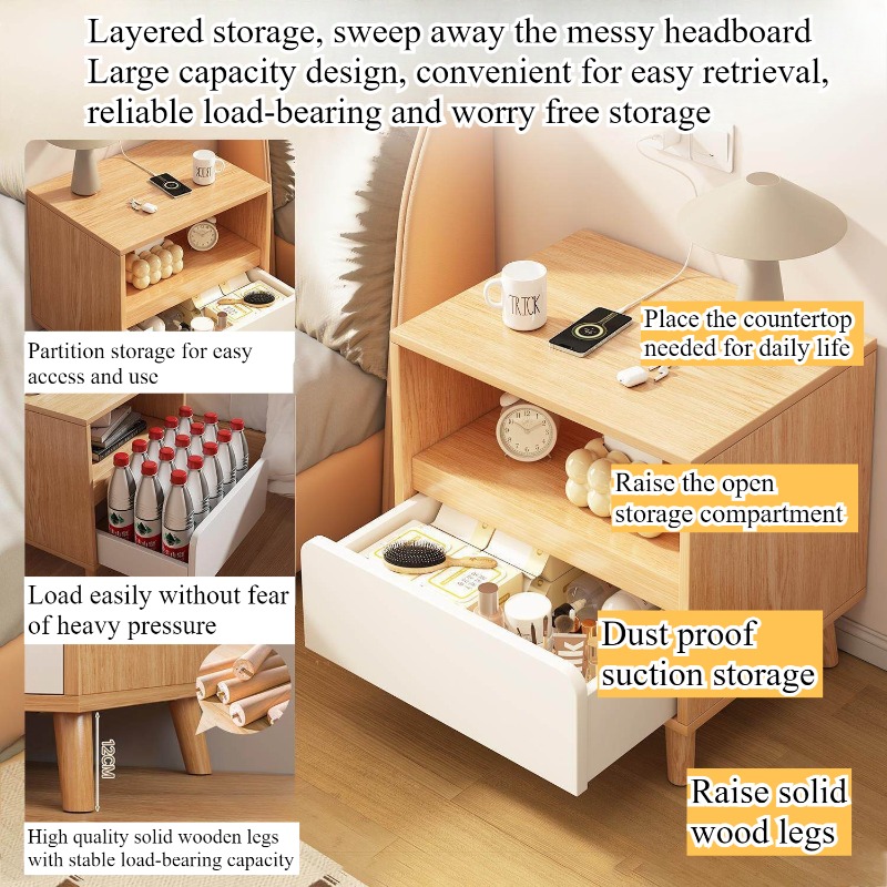 白いベッドサイドテーブル 引き出し付きベッドルーム収納キャビ - Solid Wood Nightstand 2 Drawers のレビューと価格
