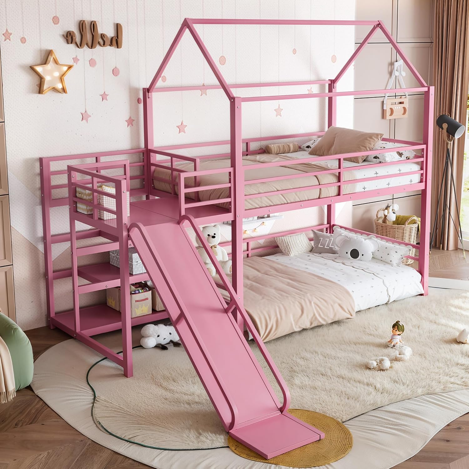 スライド付き二段ベッド、収納付き階段、頑丈なハウス型金属製ベ - Bunk Bed With Stairs And Slide のレビューと価格