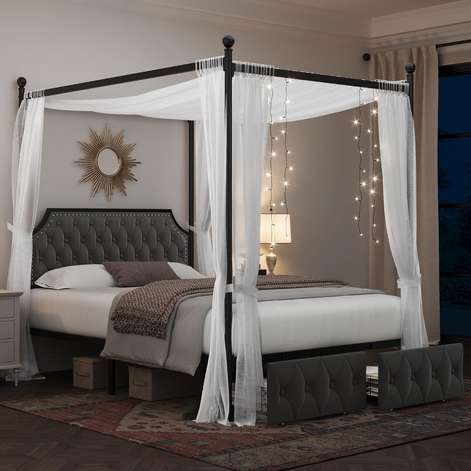 収納引き出しとキルティング加工のヘッドボードを備えたクイーン - Canopy Bed Frame Metal Queen のレビューと価格