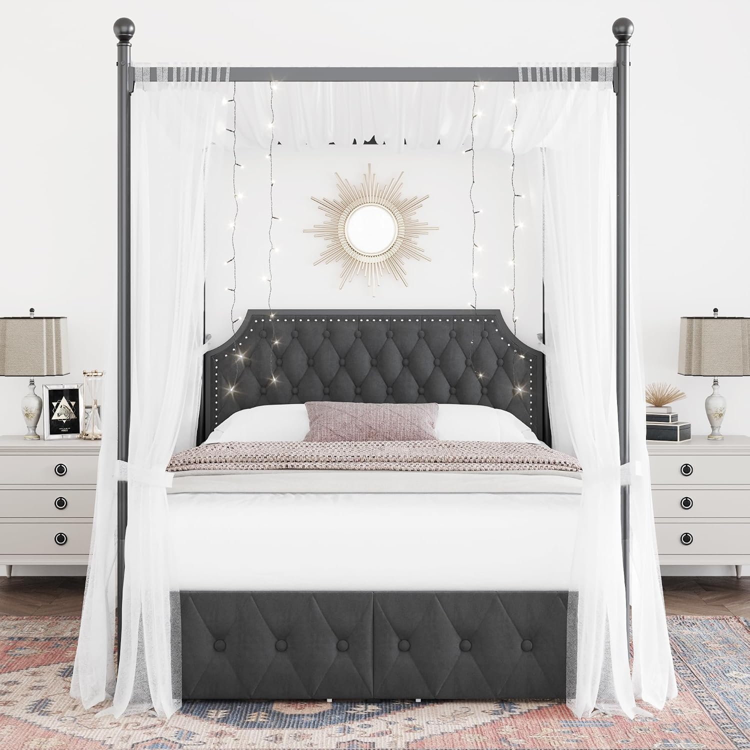 収納引き出しとキルティング加工のヘッドボードを備えたクイーン - Canopy Bed Frame Metal Queen のレビューと価格