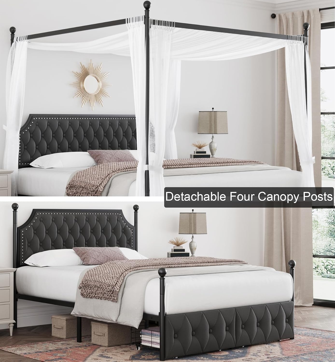 収納引き出しとキルティング加工のヘッドボードを備えたクイーン - Canopy Bed Frame Metal Queen のレビューと価格