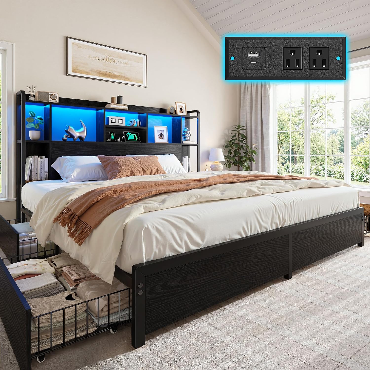 キングサイズベッドフレーム、収納付きヘッドボード、4つの大型 - King Size Bed Frame With Storage Drawers のレビューと価格